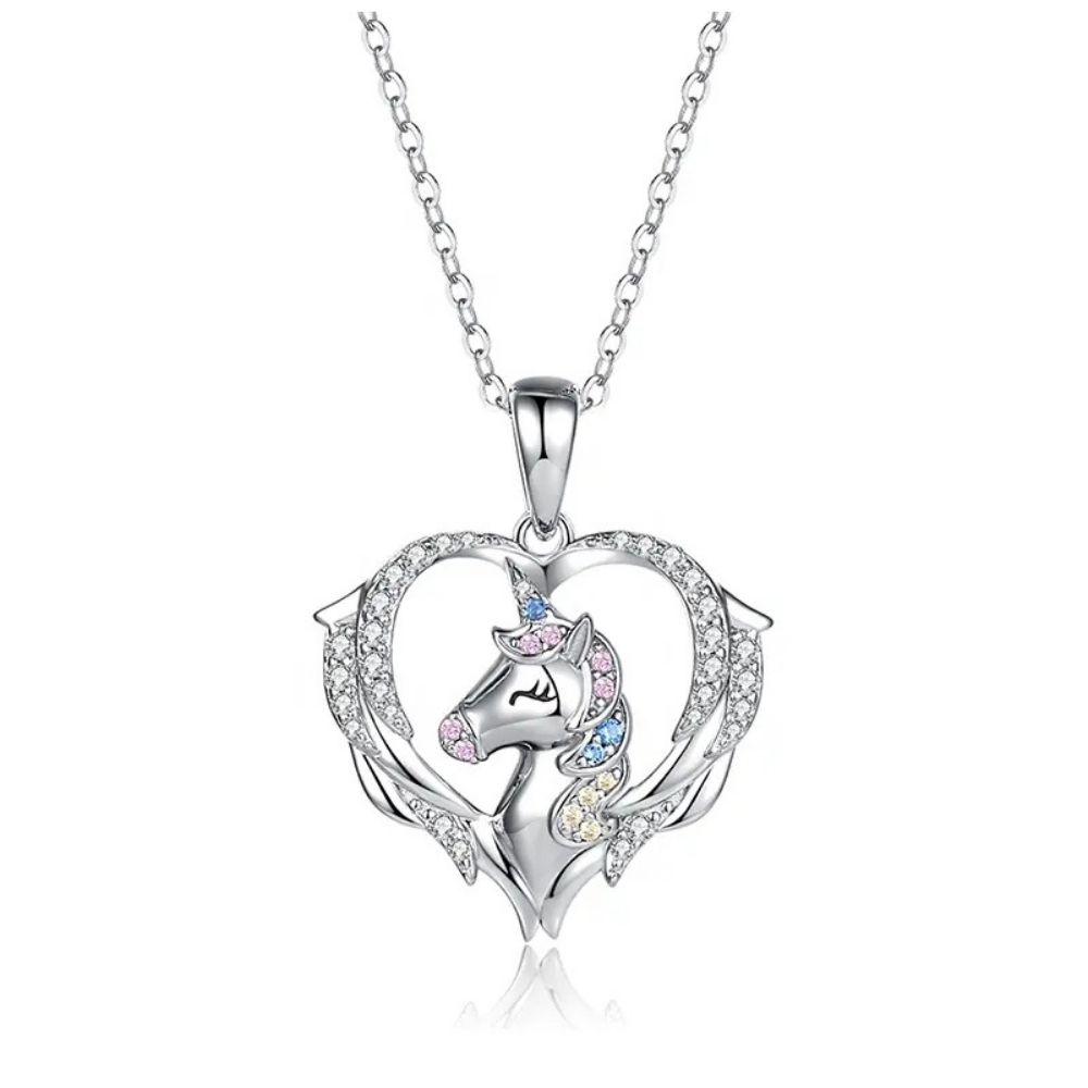 Kristal Taşlı Kalp Unicorn Kolye (Altın Kaplama) - N02335